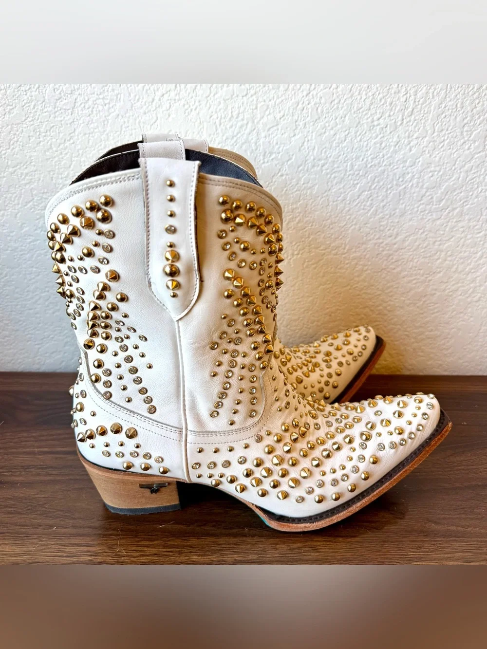 White Studded Lane Boots Dolly Western Ankle Boots with Gold Accents